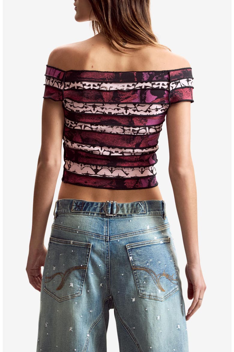Paneled Off the Shoulder Stretch Cotton Crop Top, Alternate, color, FUCHSIA
