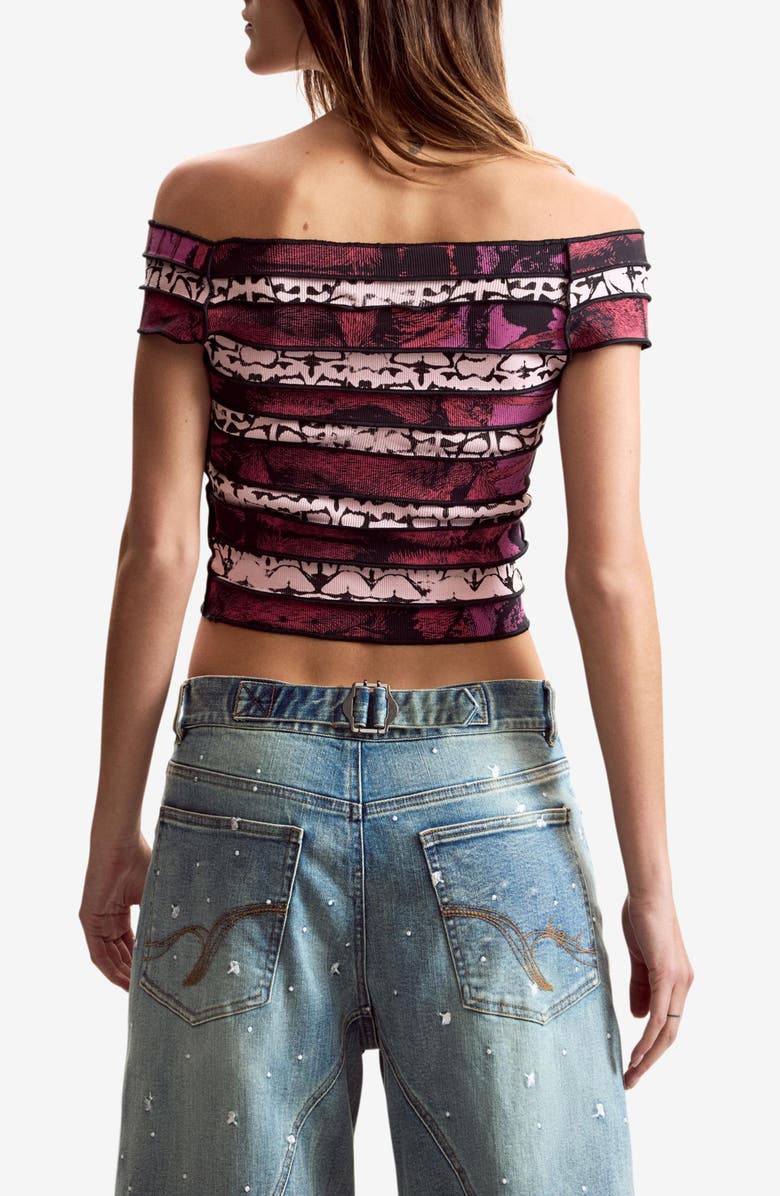 Desigual Paneled Off the Shoulder Stretch Cotton Crop Top, Alternate, color, Fuchsia