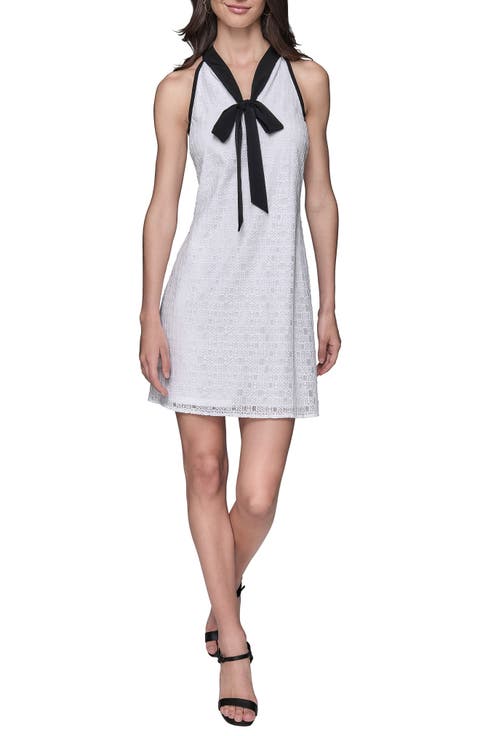 Tie Neck Sleeveless Lace Shift Dress