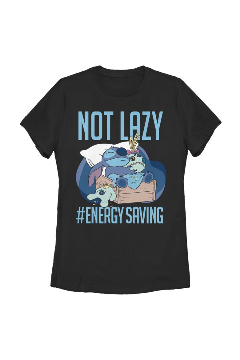 Women's Lilo & Stitch Not Lazy, Saving Energy  Graphic T-Shirt, Main, color, Black