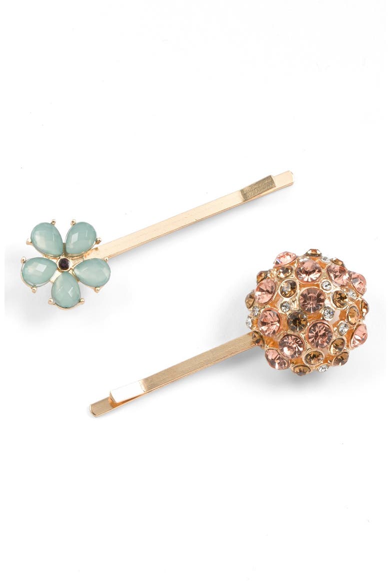 'Leafy Jewels' Bobby Pins, Main, color, GREEN/ CRYSTAL