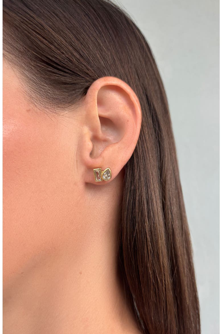 14K Gold Plated Cubic Zirconia Duo Stud Earrings, Alternate, color, GOLD