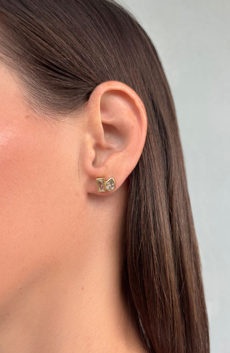 Adornia 14K Gold Plated Cubic Zirconia Duo Stud Earrings, Alternate, color, Gold