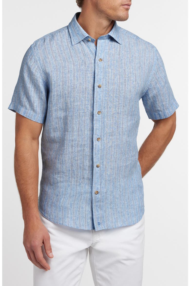 Stripe Linen Short Sleeve Button-Up Shirt, Main, color, BLUE
