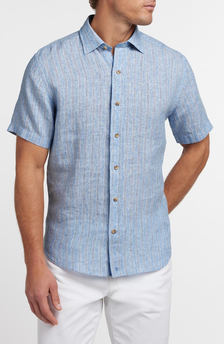 David Donahue Stripe Linen Short Sleeve Button-Up Shirt, Main, color, Blue