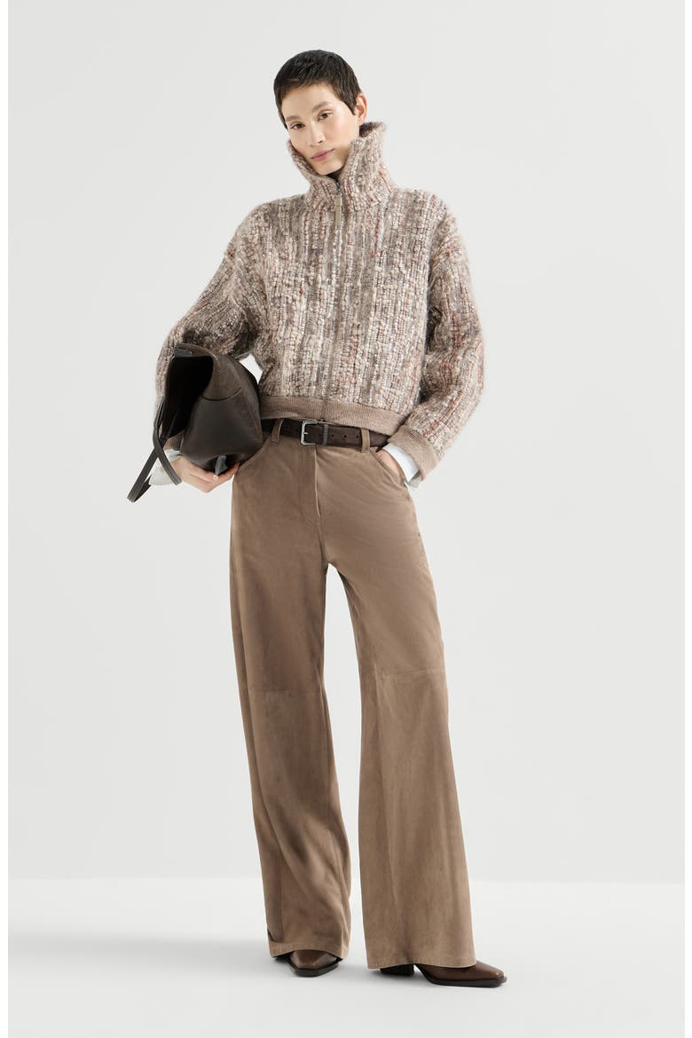 Dazzling tree bark embroidery cardigan in mohair and wool, Alternate, color, Beige