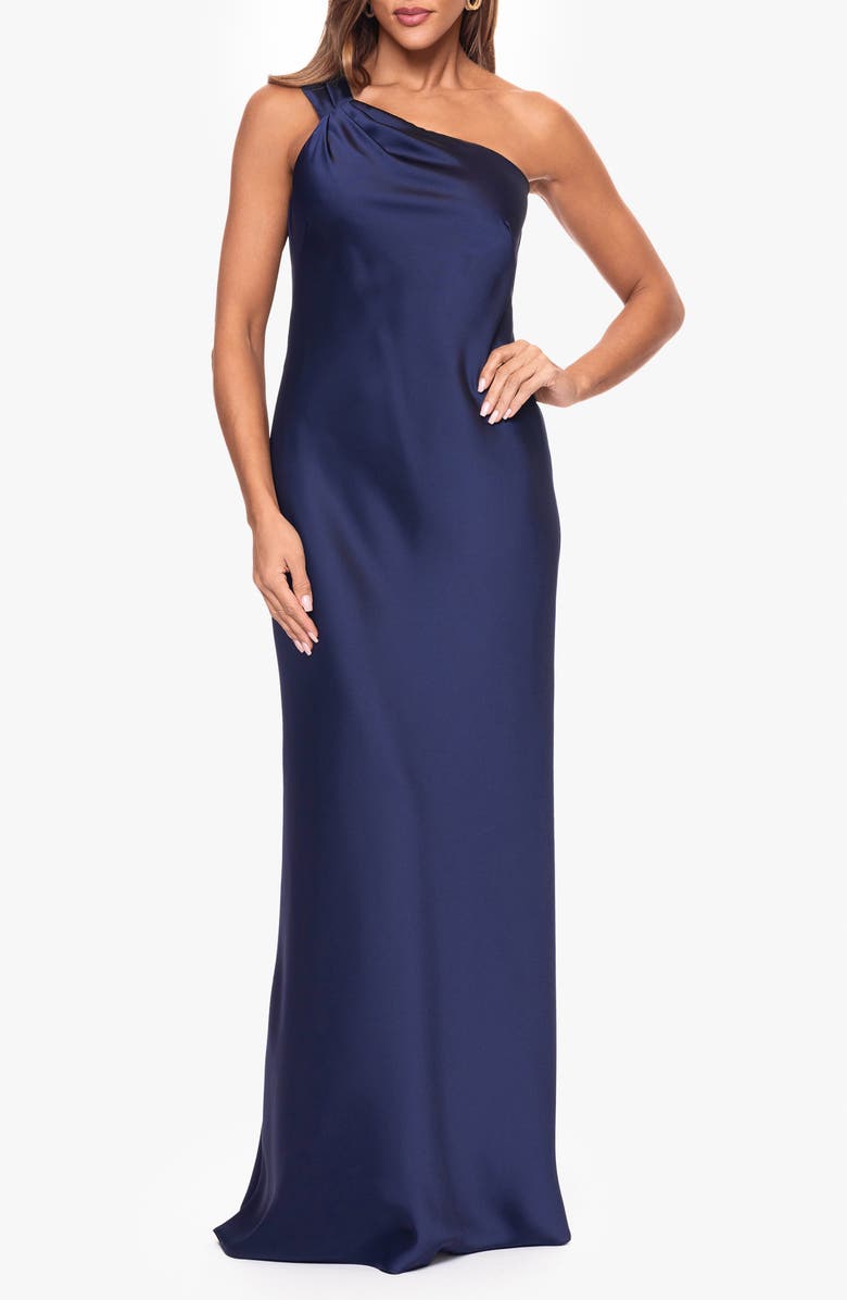 Xscape Evenings One-Shoulder Satin Gown, Main, color, Navy