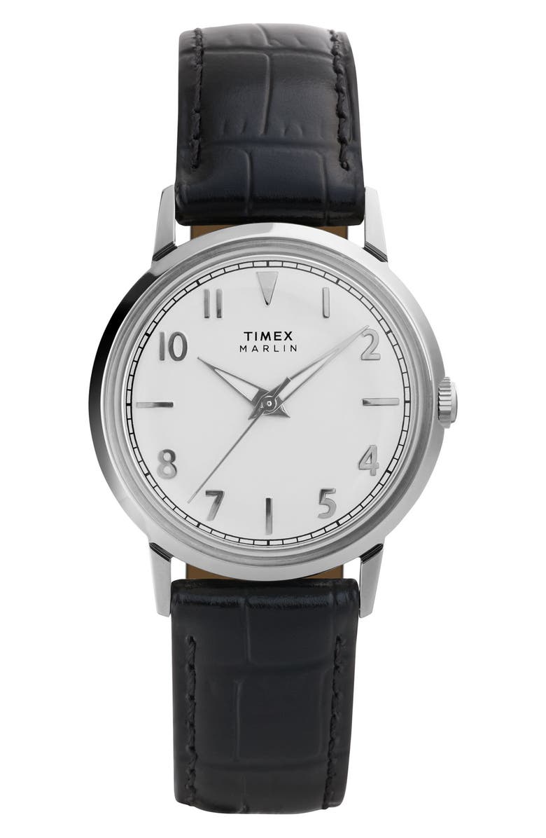 Timex<sup>®</sup> Marlin<sup>®</sup> Croc Embossed Leather Strap Watch, 34mm, Main, color, Black