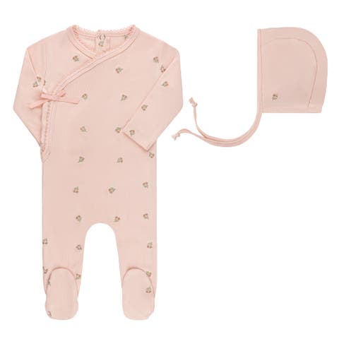 Elys and Co Organic Cotton Wide Rib Footie and Bonnet- Ivory/Blue main image 1