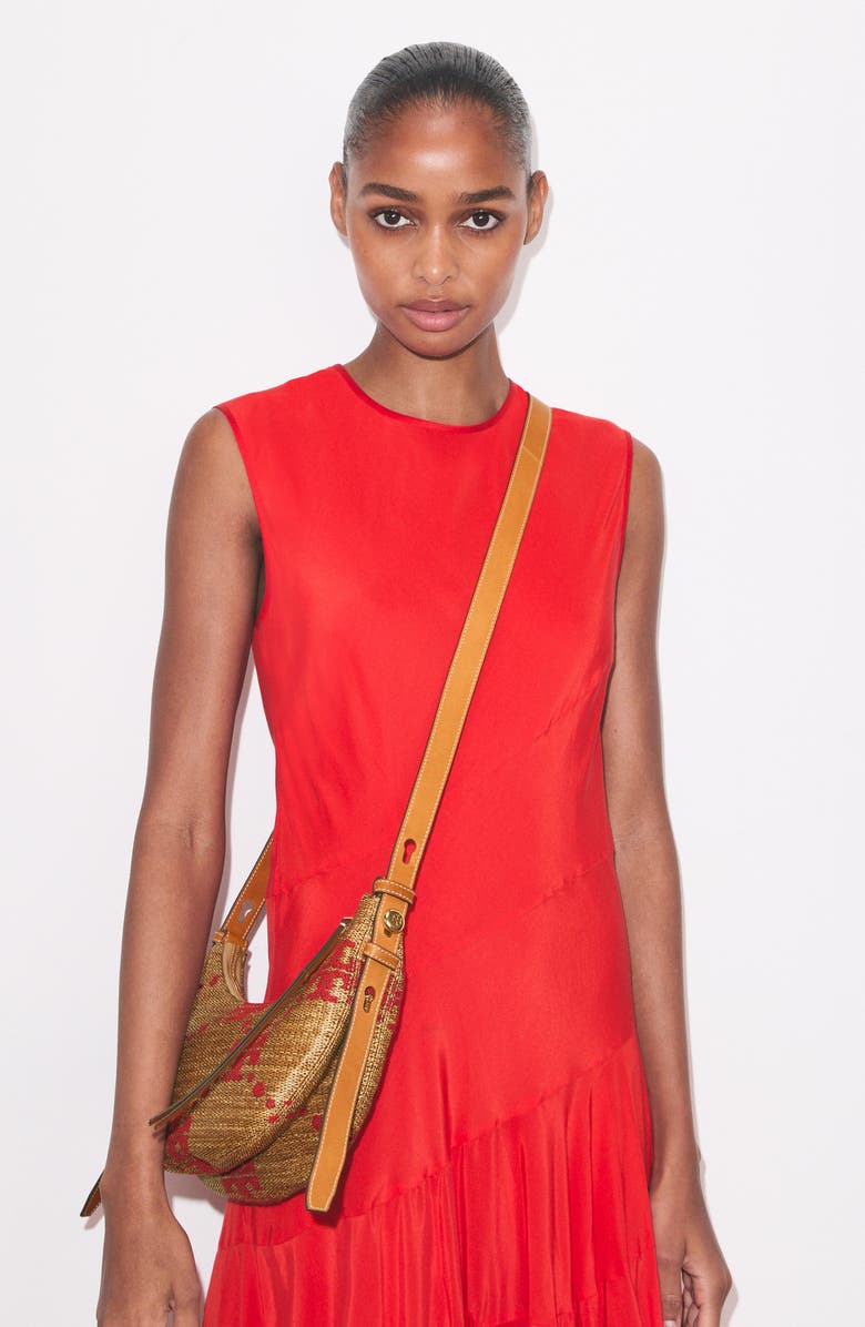 Tory Burch Romy T Monogram Straw Half Moon Shoulder Bag, Alternate, color, Natural