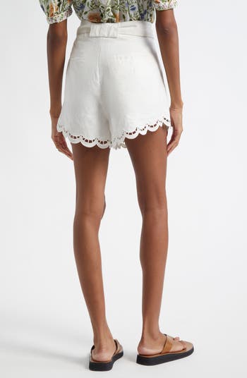 Ruchelieu Embroidered Scalloped Linen Blend Shorts