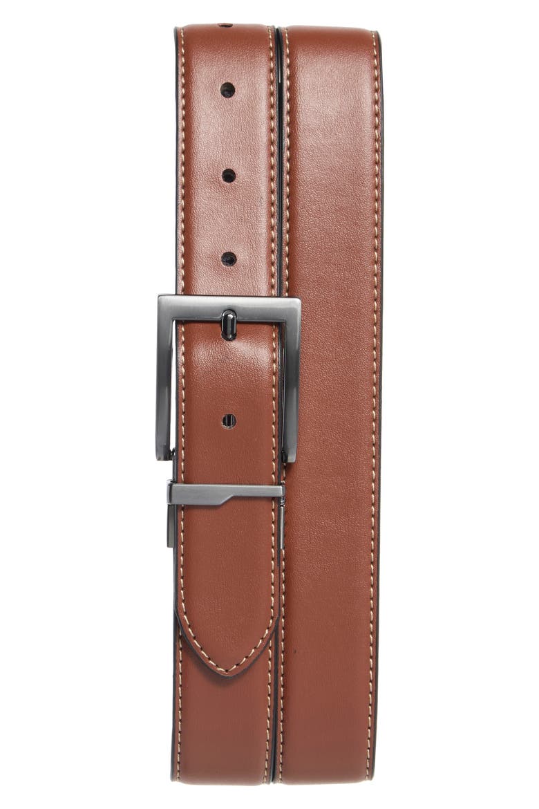 Square Buckle Leather Belt, Main, color, BLACK/ COGNAC