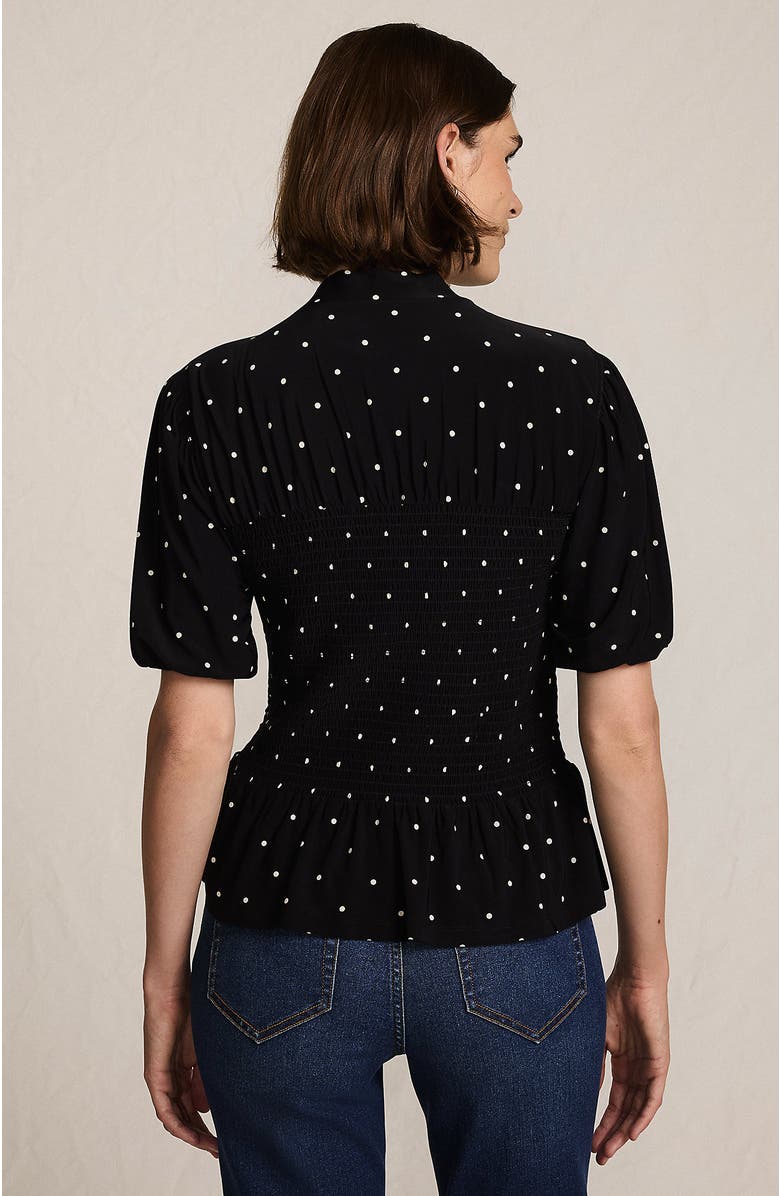 Lands' End Bubble Sleeve Silky Knit Smocked Mock Neck Top, Alternate, color, Black/Ivory Dot