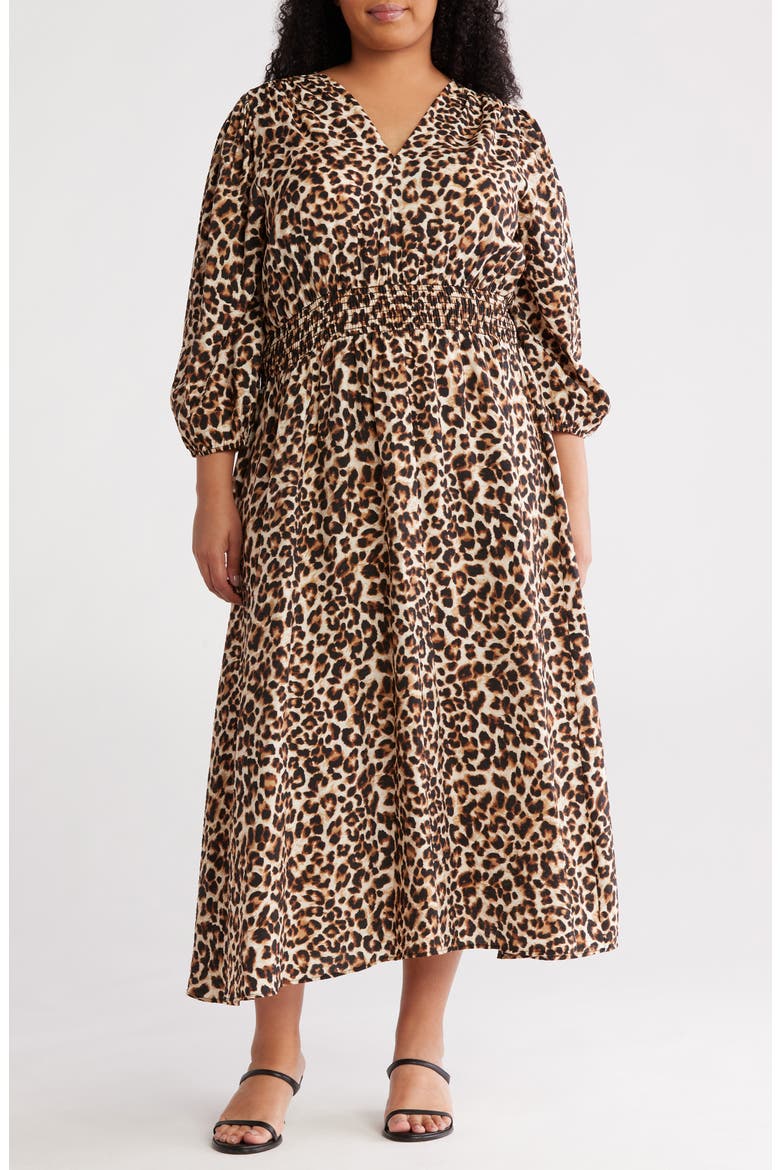 Leopard Smocked Waist Midi Dress, Main, color, CHOCOLATE