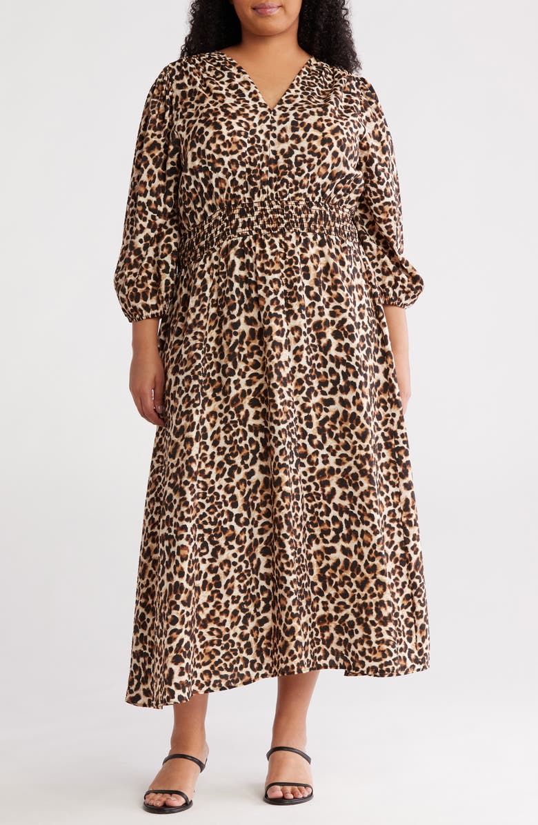 Renee C Leopard Smocked Waist Midi Dress, Main, color, Chocolate