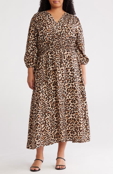 Leopard Smocked Waist Midi Dress (Plus)