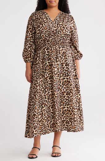Renee C Leopard Smocked Waist Midi Dress