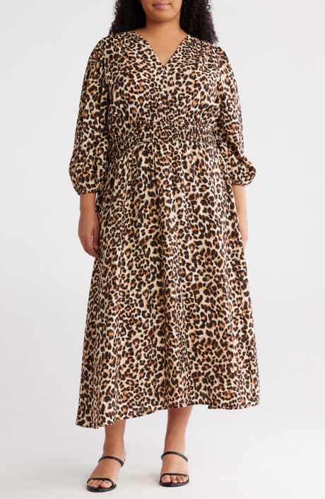 Renee C Leopard Smocked Waist Midi Dress