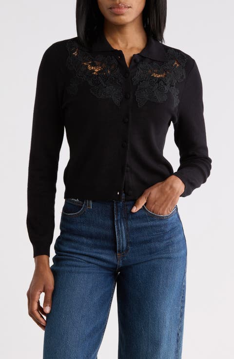 Lace Appliqu Polo Cardigan