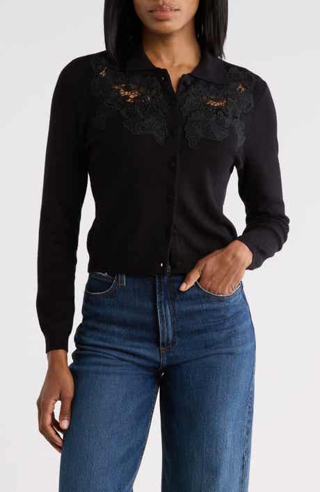 Lace Appliqu Polo Cardigan