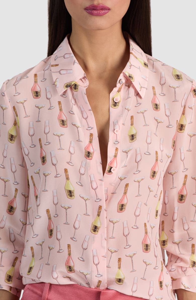 Alice + Olivia Willa Print Silk Button-Up Shirt, Alternate, color, Champagne Pop