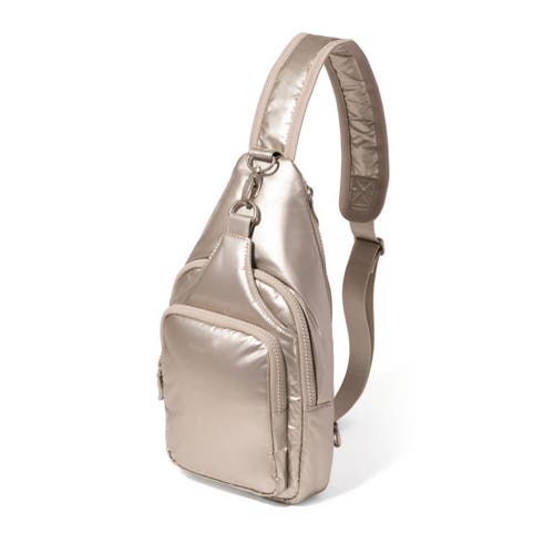 Baggallini Central Park Sling Bag In Platinum Ecopuff