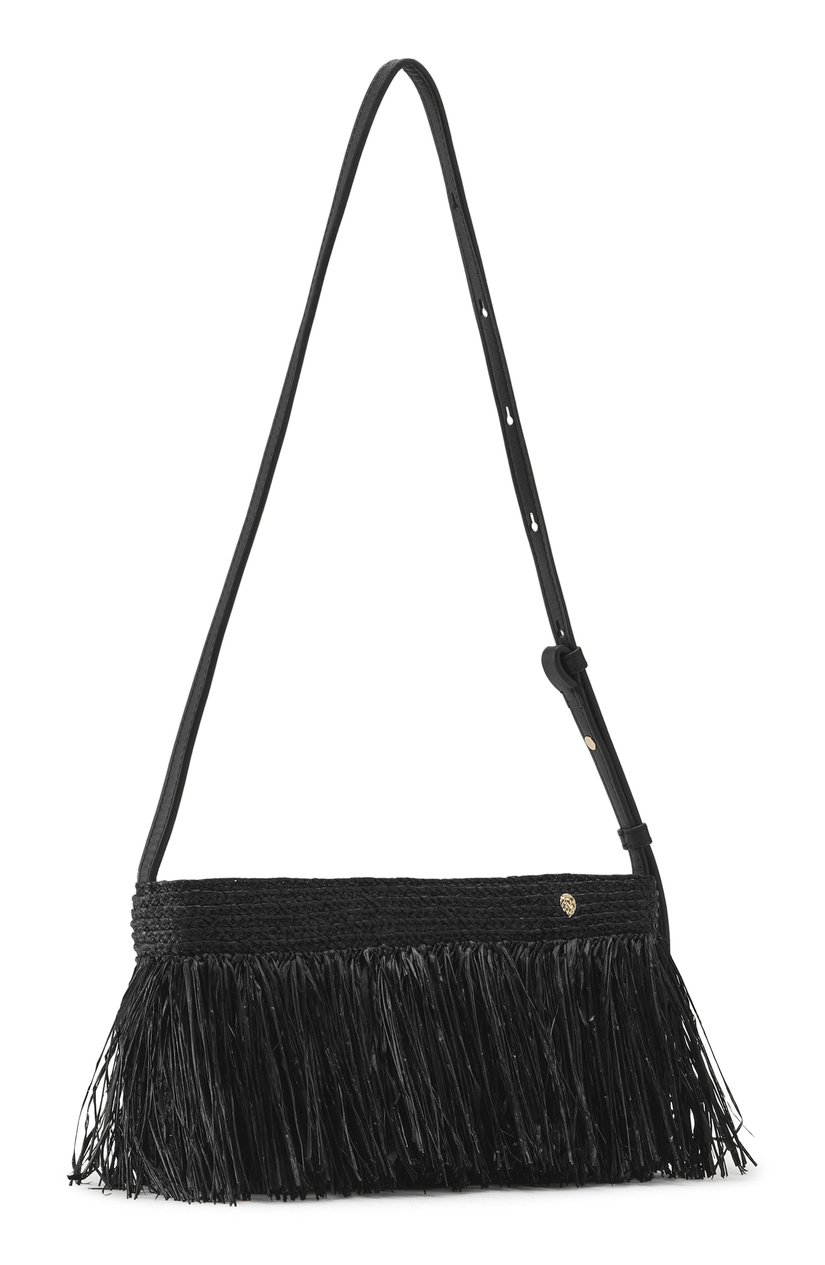Helen Kaminski Dawn Fringe Raffia Shoulder Bag, Alternate, color, Black