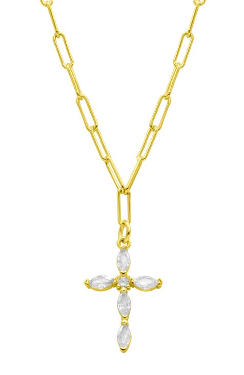 CZ Cross Pendant Paper Clip Chain Necklace