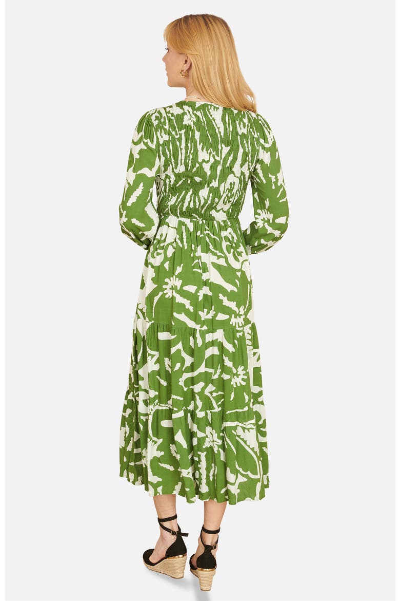 Abstract Print Ruched V-Neck Midi Dress, Alternate, color, Green
