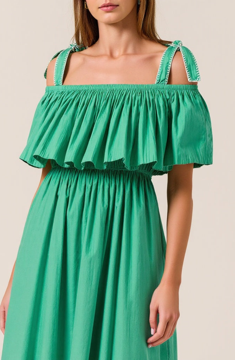 Modenaire Off-Shoulder Ruffle Midi Dress, Alternate, color, Green