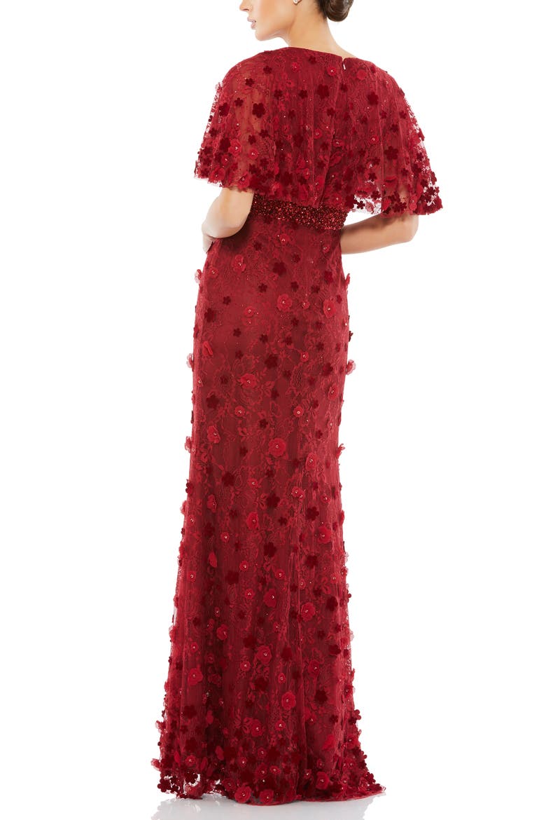 Floral Appliqué Flutter Sleeve Lace Gown, Alternate, color, BURGUNDY