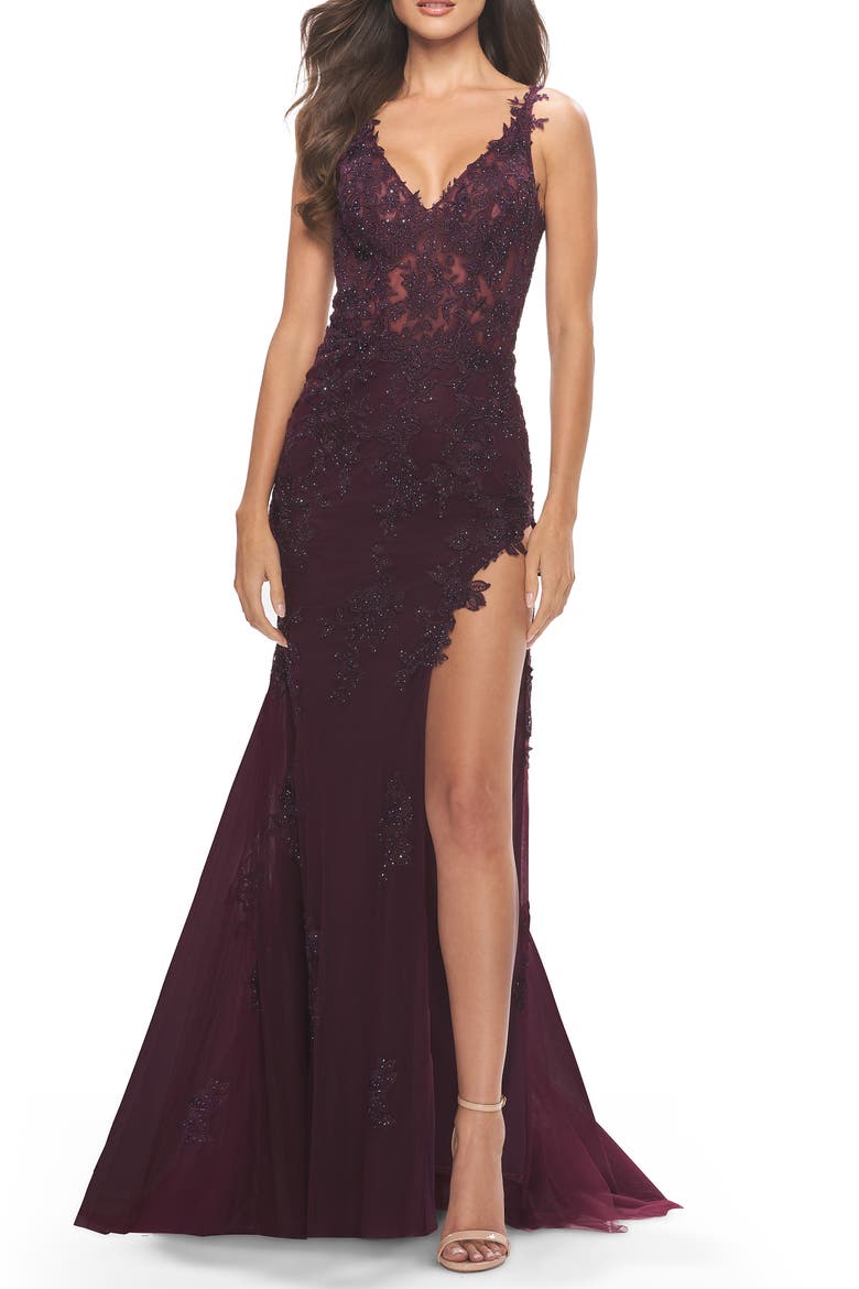 Lace Dress with High Side Slit and V Neckline, Alternate, color, Dark Berry