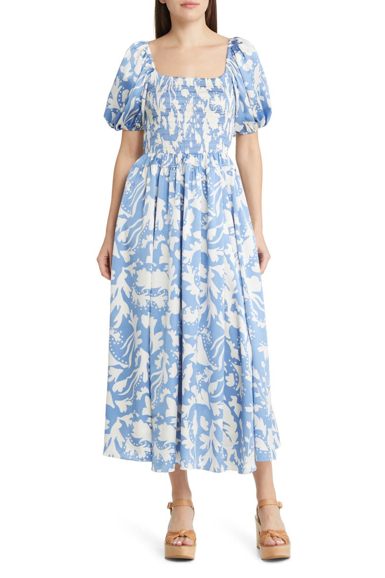 Abstract Print Smocked Bodice Dress, Main, color, BLUE