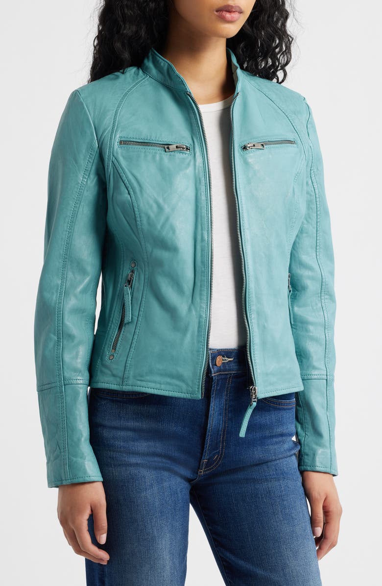 MAURITIUS Nola Leather Jacket with Removable Hoodie, Alternate, color, Light Turquoise