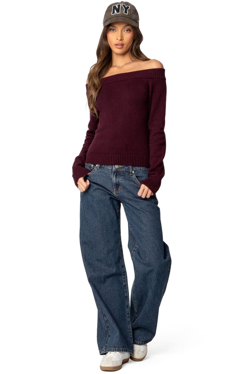 EDIKTED Elona Off the Shoulder Long Sleeve Knit Top, Alternate, color, Burgundy