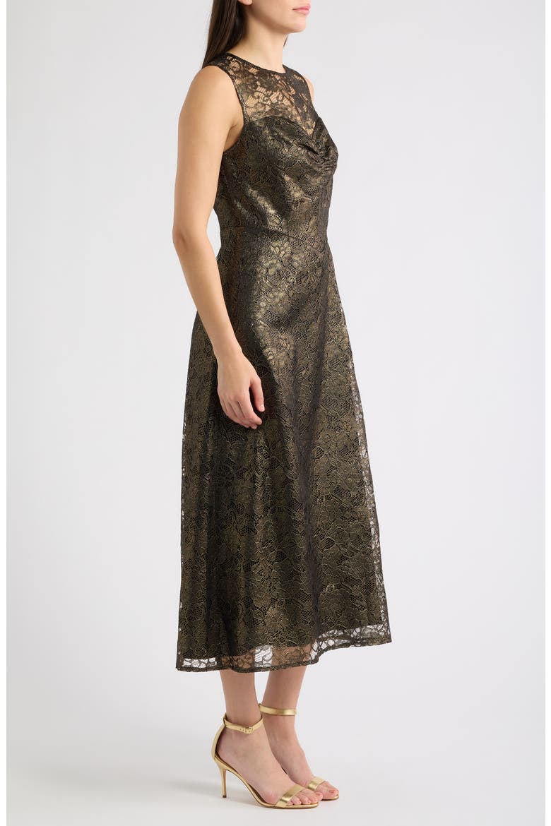 Shirred Fit & Flare Midi Dress, Alternate, color, GOLD