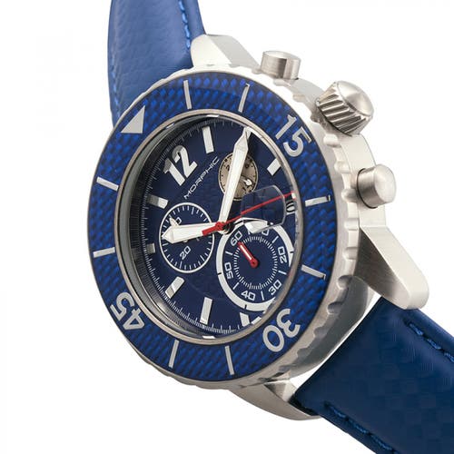 Morphic M51 Series Chronograph Leather-band Watch W/date In Silver/blue