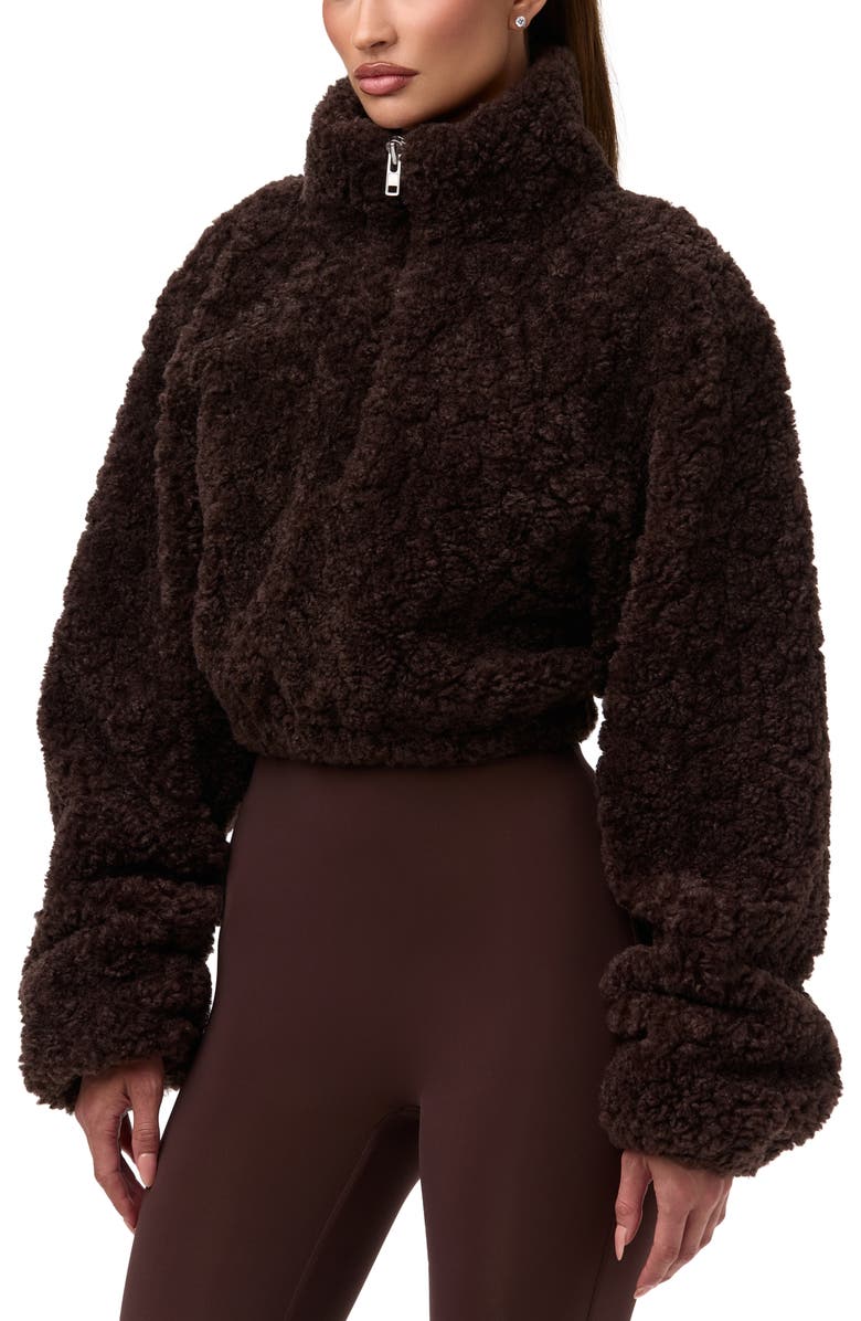 Naked Wardrobe Faux Shearling Quarter Zip Crop Pullover, Alternate, color, Dark Chocolate