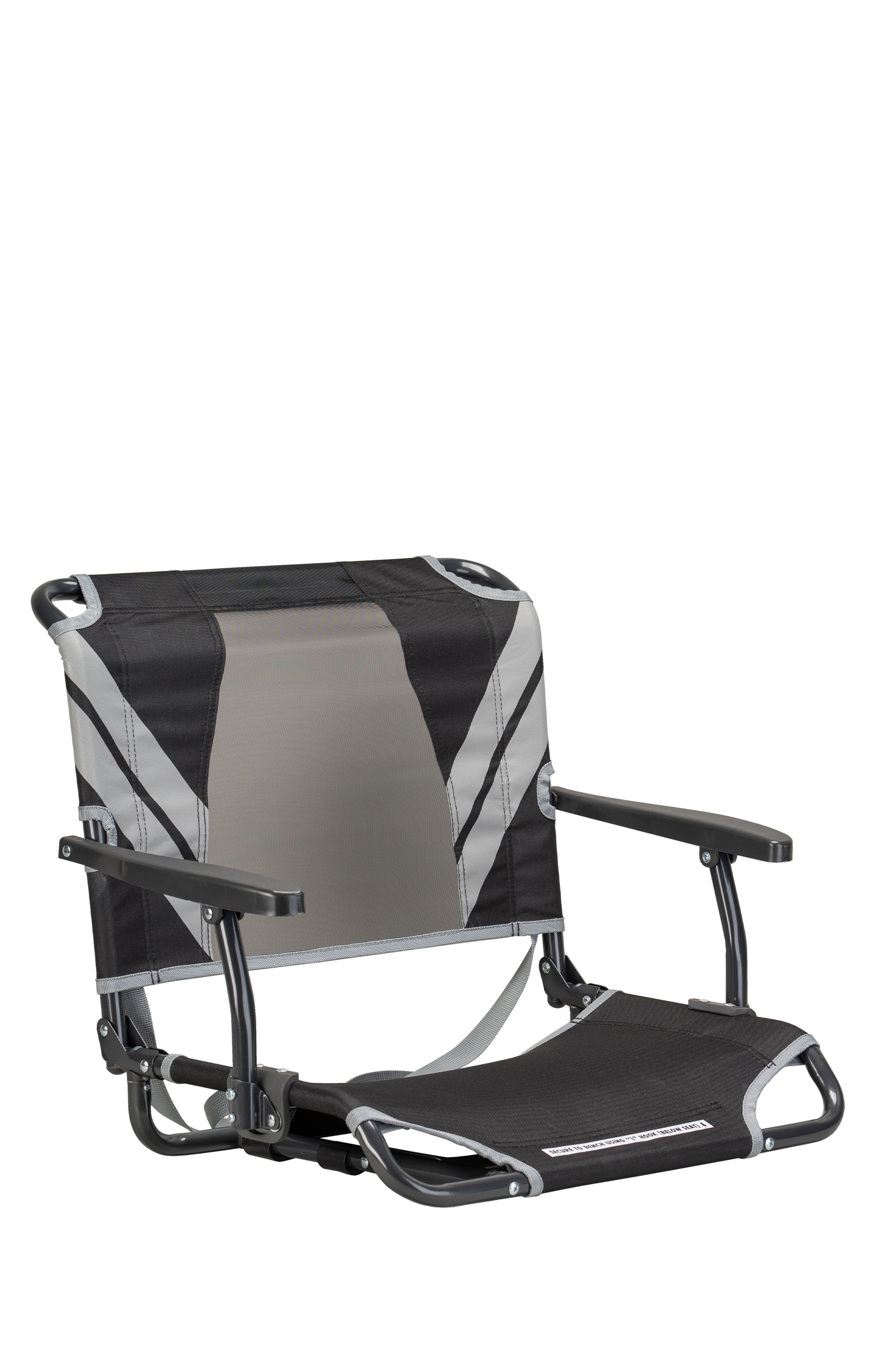 Grey and black folding chair with armrests and legs, similar to a stadium seat