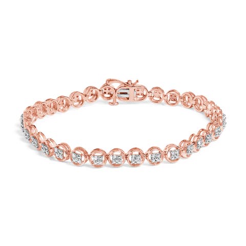 Silver 1/10 Cttw Diamond Open Circle Beaded Wheel Link Tennis Bracelet