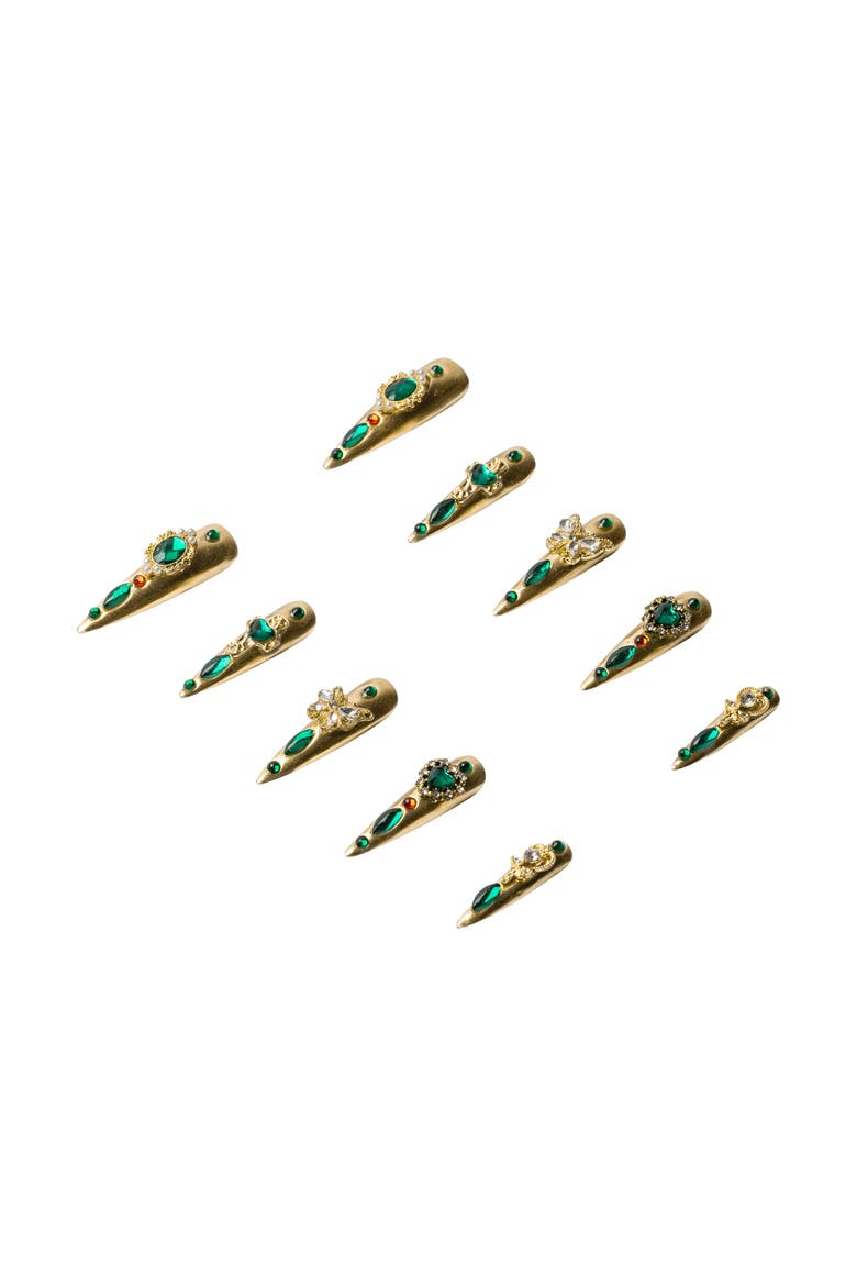 Emerald Empress Luxury Handmade Press On Nails, Alternate, color, Gold