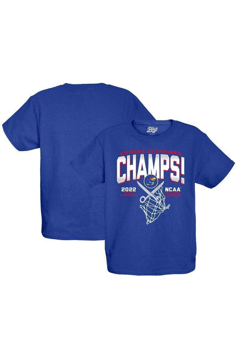 Youth Blue 84 Royal Kansas Jayhawks 2022 NCAA Men's Basketball National Champions Cut The Net T-Shirt, Main, color, Royal