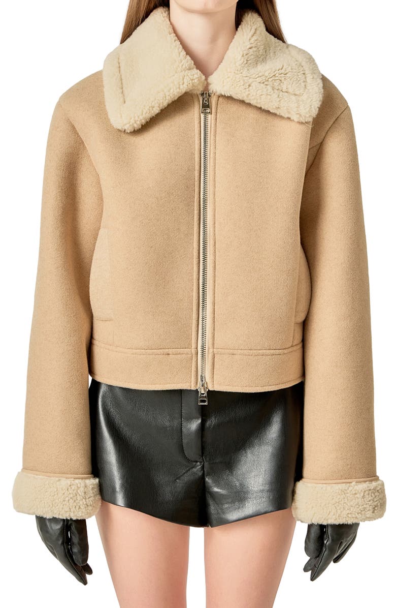 English Factory Faux Shearling Detail Double Face Jacket, Alternate, color, Ivory