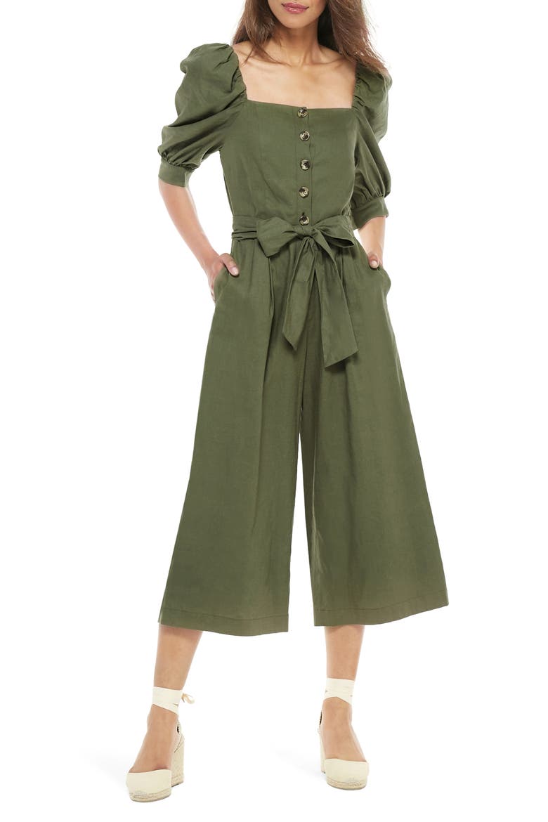 Sylvie Puff Sleeve Linen Blend Jumpsuit (Nordstrom Exclusive), Main, color, FOREST FERN