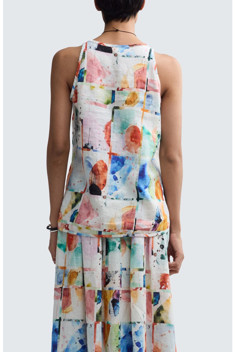 Orielle Painterly Print Linen V-Neck Top, Alternate, color, Multihued
