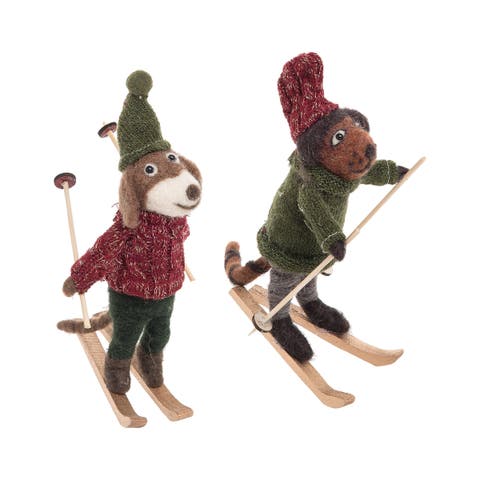 Dogs On Skis Wool Ornament A/2