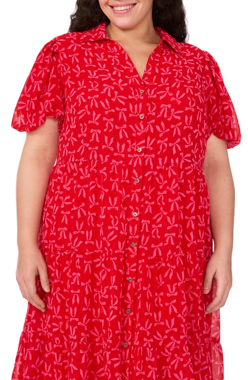Shop Cece Bow Print Tiered Midi Shirtdress In Scarlet Glow