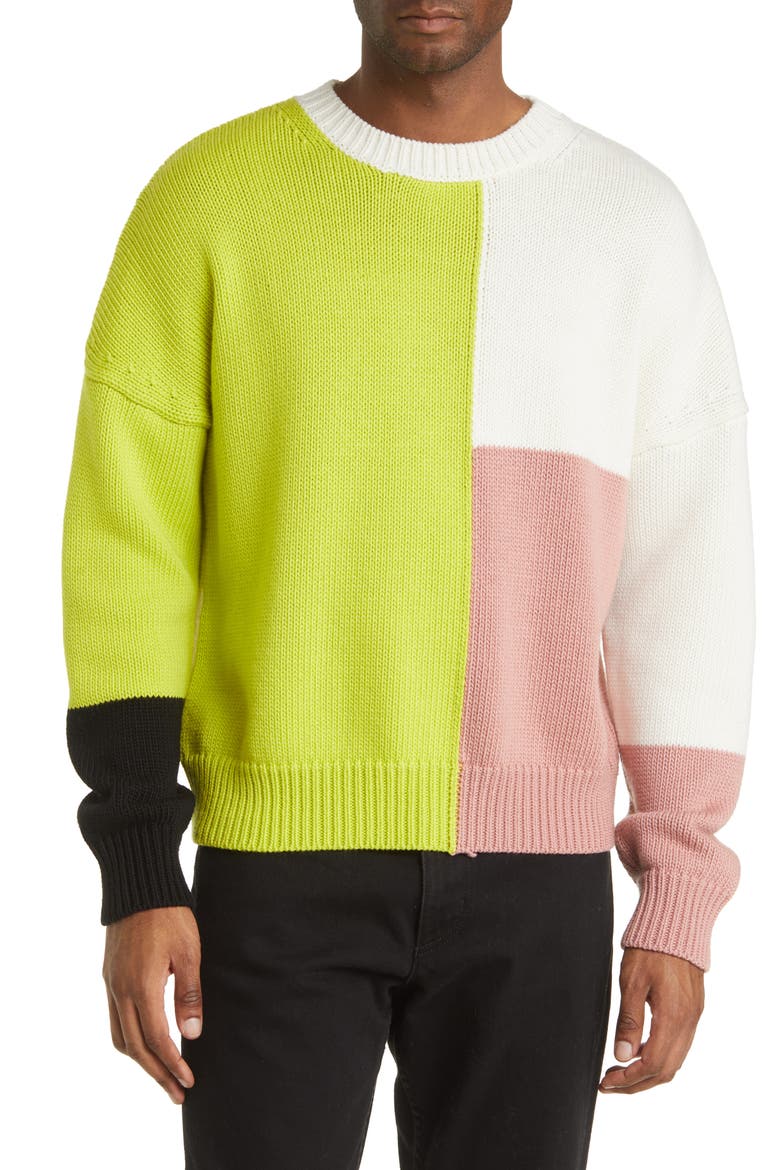 Gender Inclusive Colorblock Merino Wool Sweater, Main, color, FLASH LIME MULTI