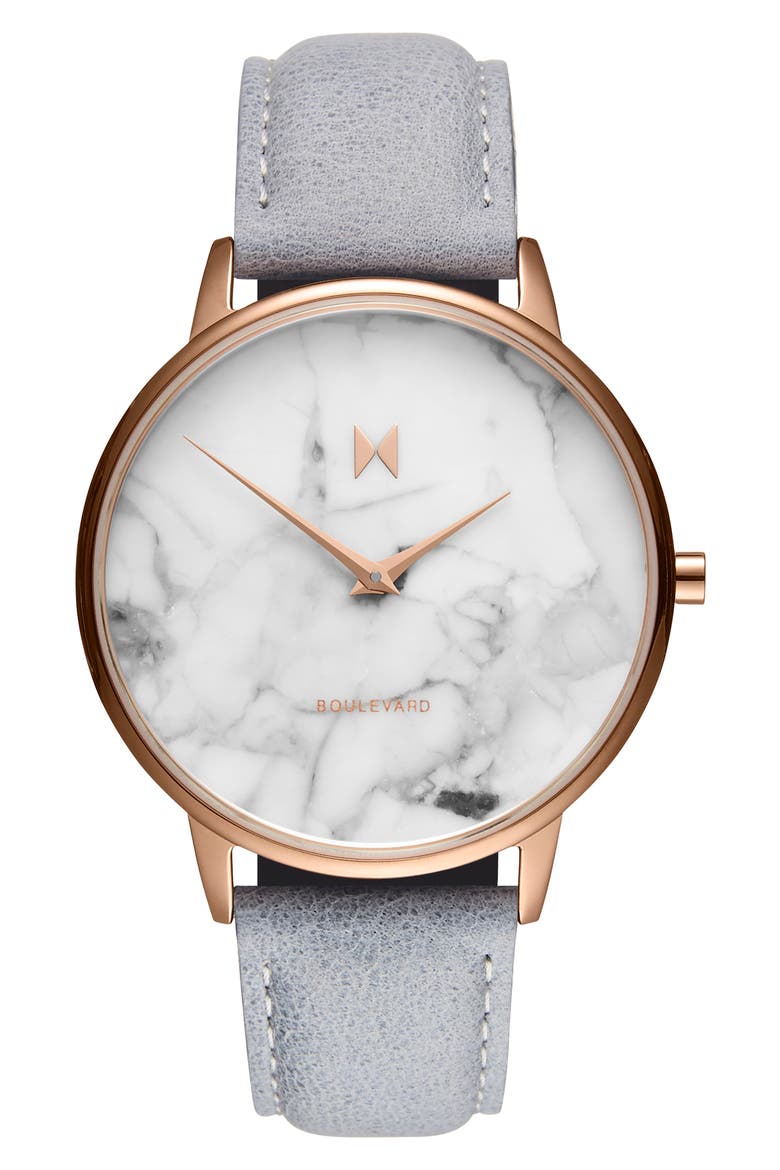 MVMT Boulevard Leather Strap Watch, 38mm, Main, color, GREY/ WHITE/ ROSE GOLD