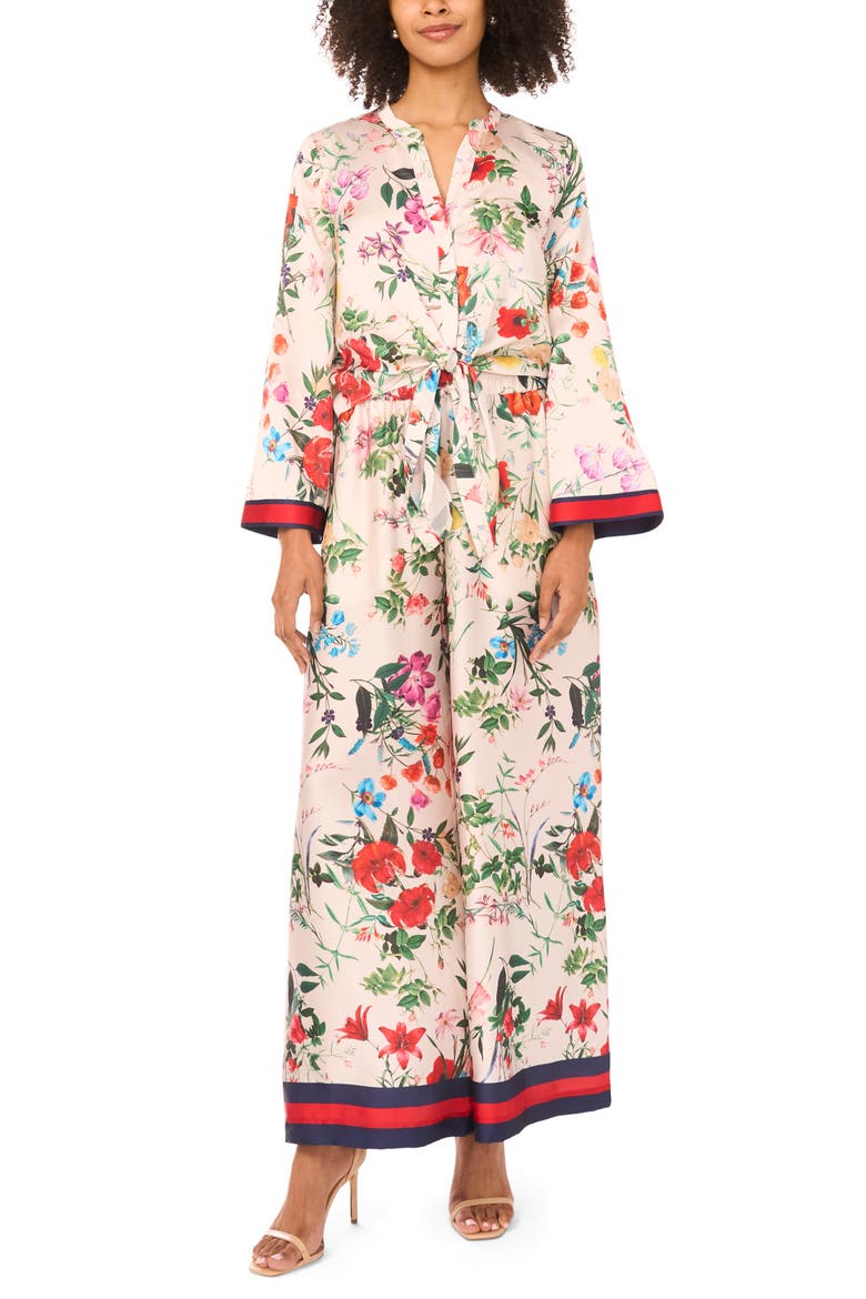 Tie Front Flare Sleeve Shirt, Alternate, color, IVORY MULTI